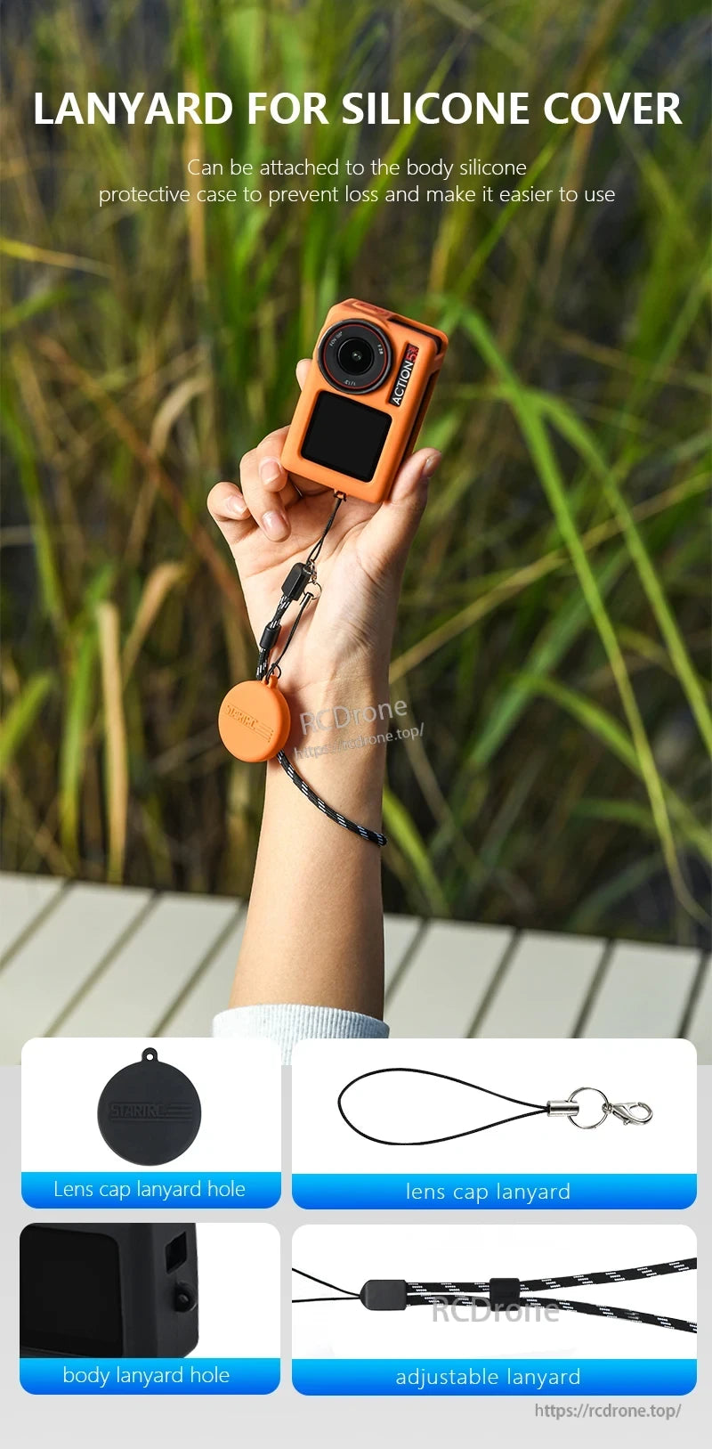 STARTRC Silicone Protective Cover, Silicone cover with lanyard, lens cap, body holes, and adjustable strap ensures secure camera protection. (16 words)
