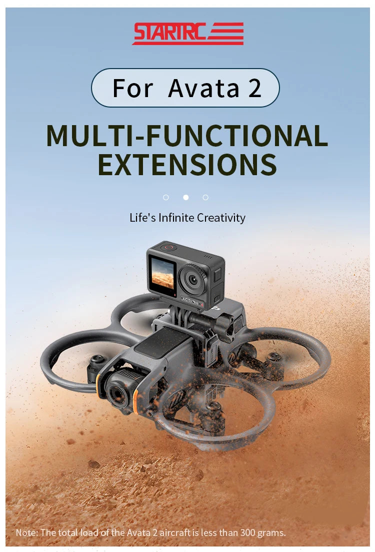 STARTRC Top Extension Bracket, STARTRC Avata 2 extensions support action cameras, weigh under 300g, and offer multi-functional drone enhancements.