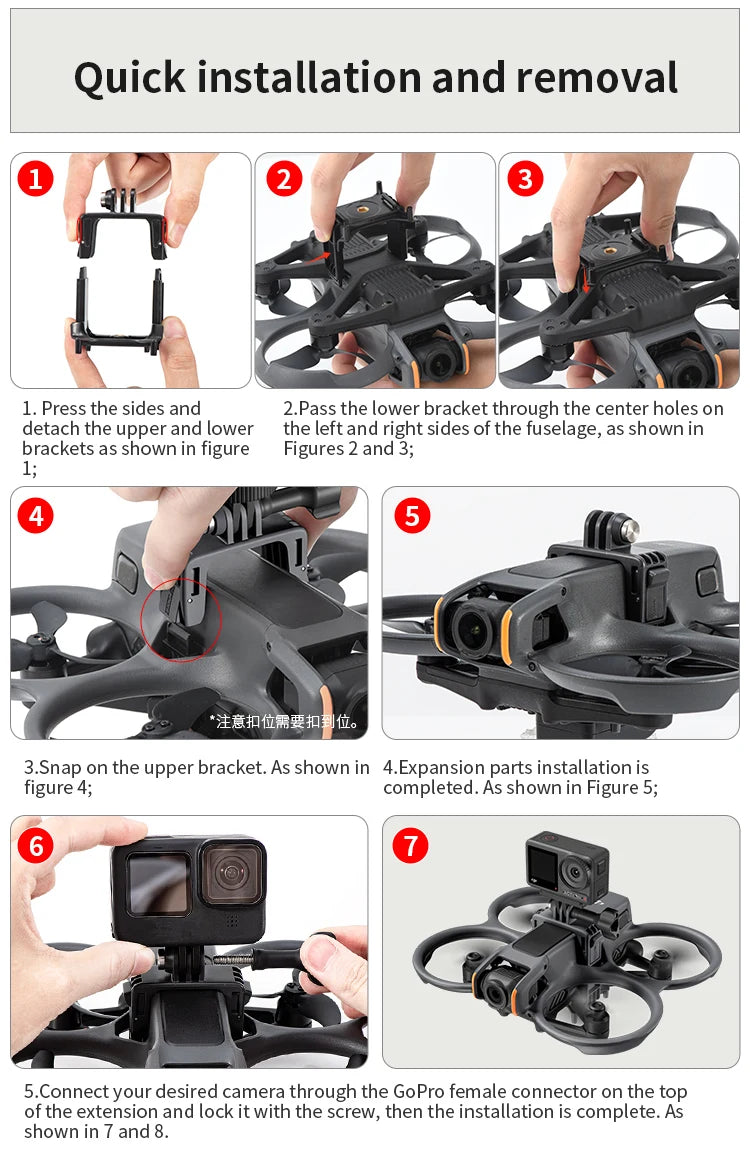 Install STARTRC Top Extension Bracket by attaching to fuselage, snapping upper bracket, connecting camera with GoPro mount, and securing with screw. Quick detachment for removal.