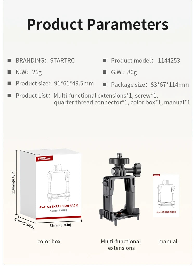 STARTRC Top Extension Bracket, STARTRC Avata 2 Expansion Pack (1144253) weighs 26g, includes extensions, screws, thread connector, box, and manual. Dimensions: 91×61×49.5mm.