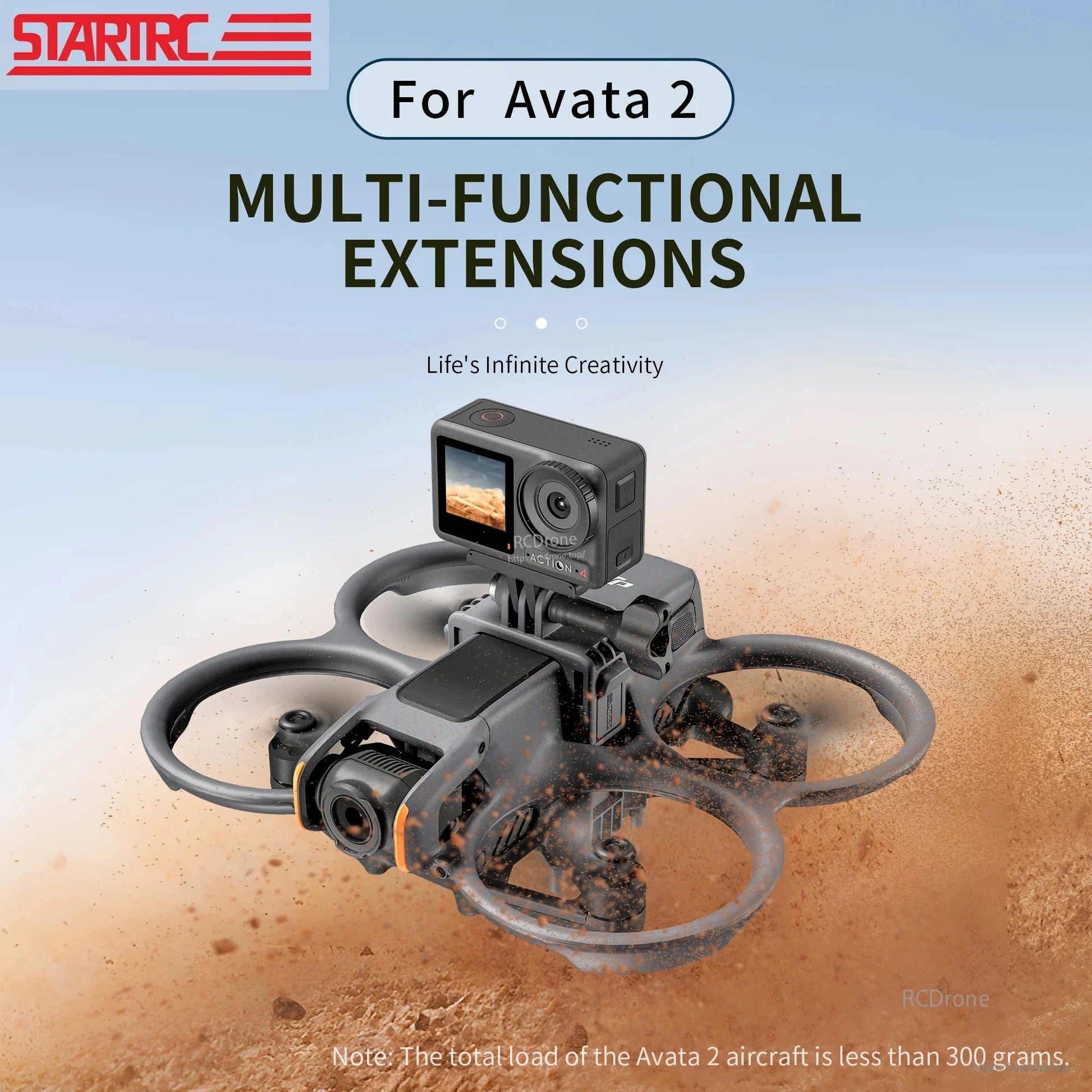 STARTRC Top Extension Bracket, STARTRC Avata 2 extension supports GoPro, Insta360, DJI Action cams; features dual-thread mount; holds up to 300g.