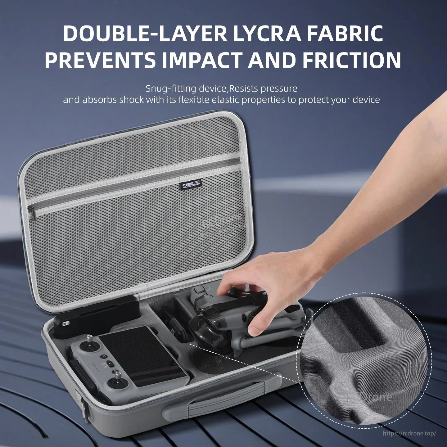 The STARTRC Travel Storage Bag for DJI Mini 5 Pro has a shockproof case with Lycra fabric that prevents impact and friction.