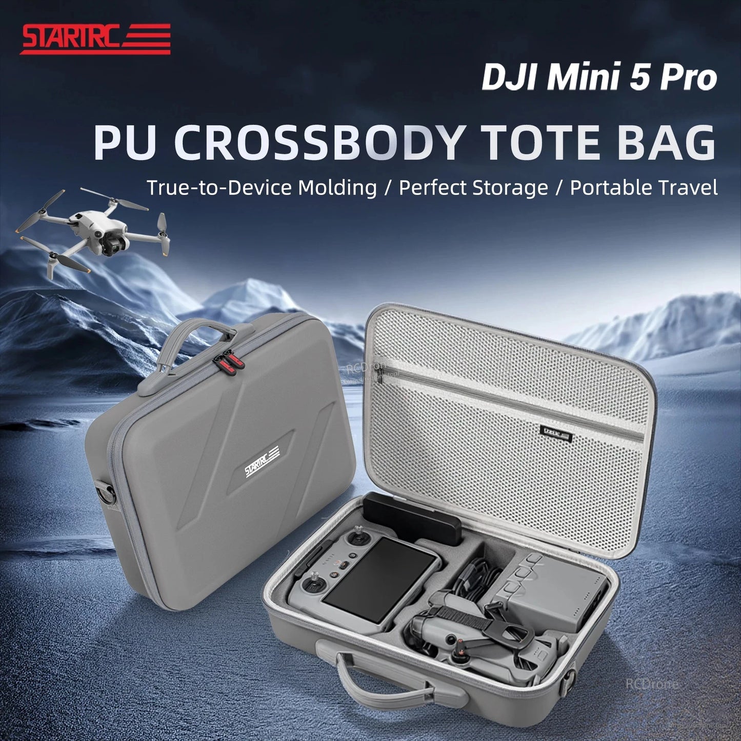 The STARTRC Travel Storage Bag is a shockproof carrying case for DJI Mini 5 Pro drones, featuring handheld and crossbody shoulder bag designs.