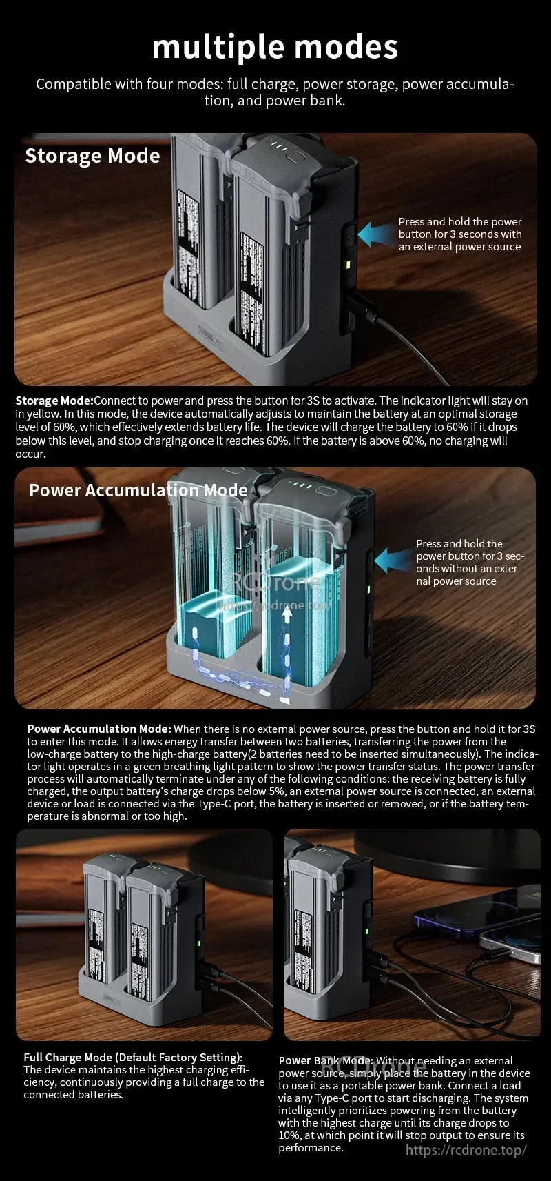 STARTRC Two‑Way Battery Charger, Supports full charge, storage, power accumulation, and power bank modes; maintains battery levels, transfers power, and serves as a portable source with intelligent charging. (24 words)