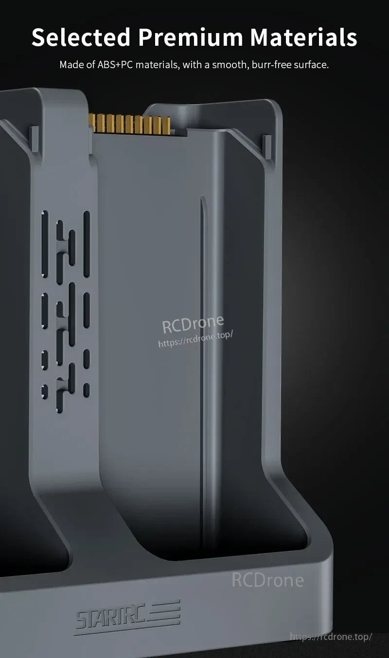 STARTRC Two‑Way Battery Charger, STARTRC charger features premium ABS+PC materials, smooth surface, gold contacts, and ventilation slots for efficient two-way charging.