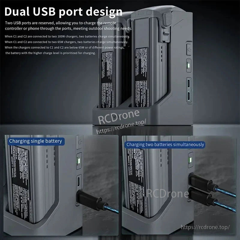 STARTRC Two‑Way Battery Charger, Dual USB-C ports charge devices and two batteries simultaneously; higher-capacity battery charges first with 100W or 65W chargers.