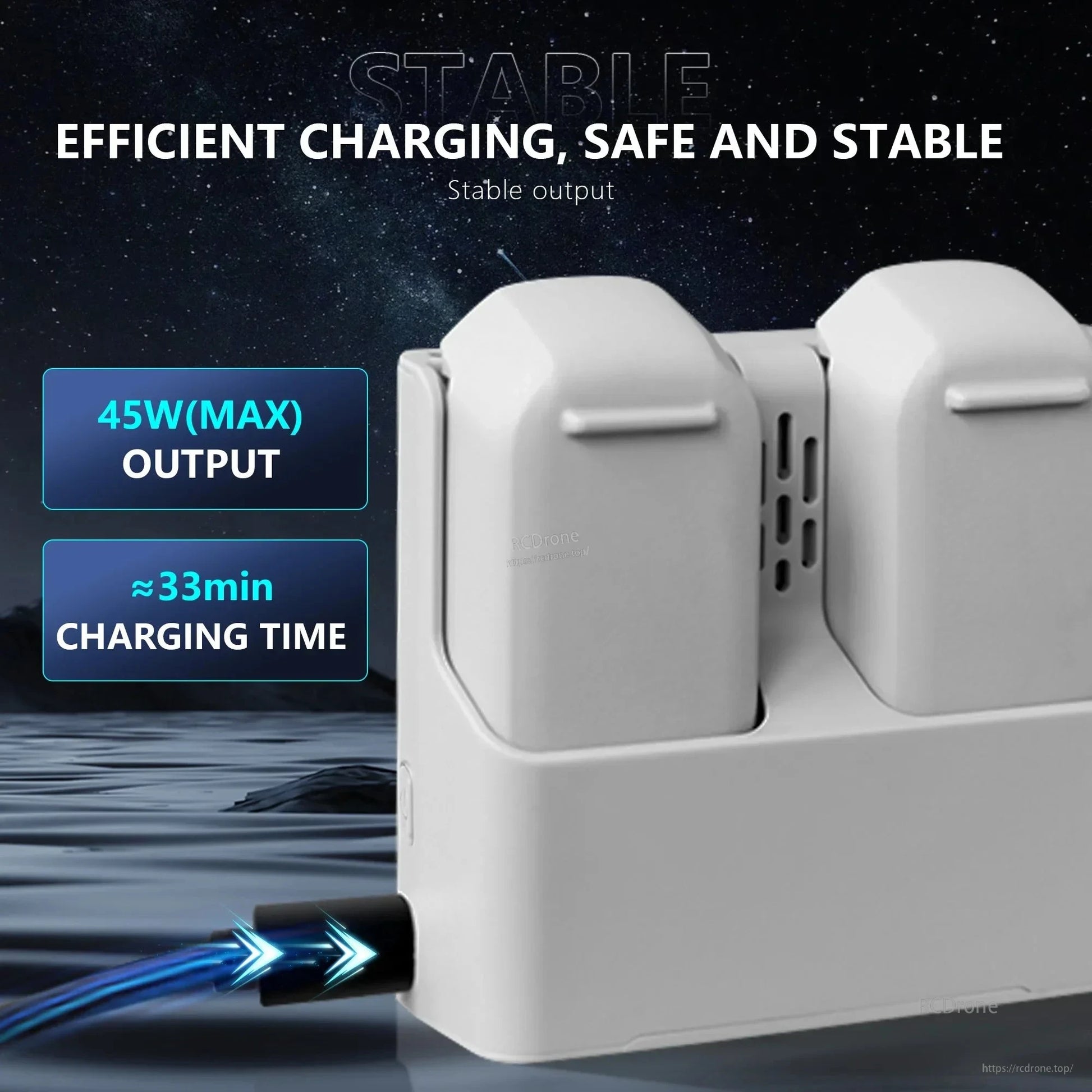 STARTRC StartRC Two-Ways Battery Charger, 45W max output, charges in ~33 minutes. Dual battery charger with Type-C fast charging and storage mode for safe, stable performance.