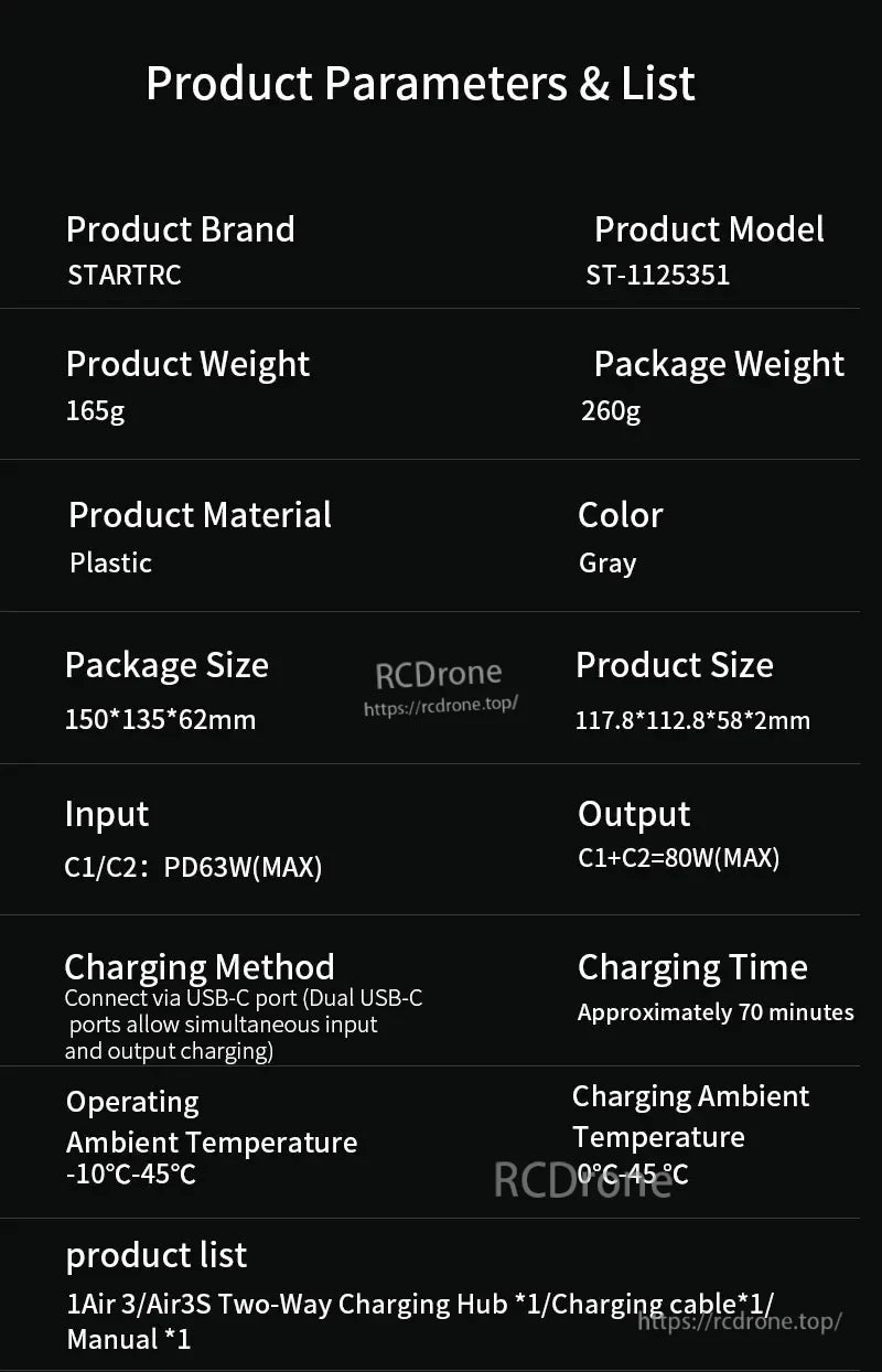 STARTRC Two‑Way Battery Charger, STARTRC ST-1125351 165g gray hub: PD63W in, 80W out via dual USB-C. ~70min charge, -10°C to 45°C. Includes charger, cable, manual.