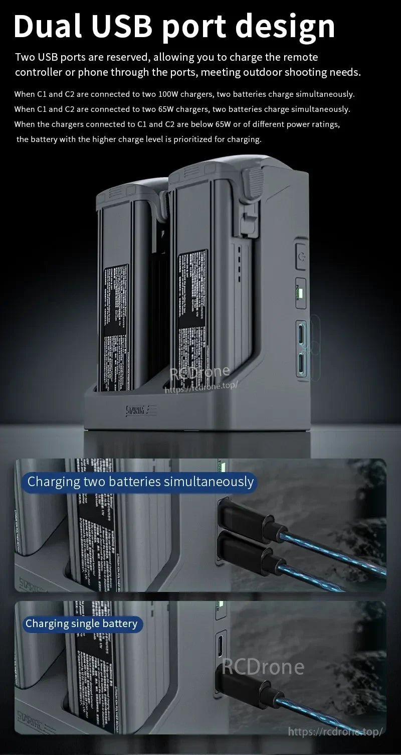 STARTRC Two‑Way Battery Charger, Dual USB ports charge devices or two batteries simultaneously; higher-charged battery prioritized with lower-power chargers. Supports single/dual charging. STARTRC branded. (24 words)