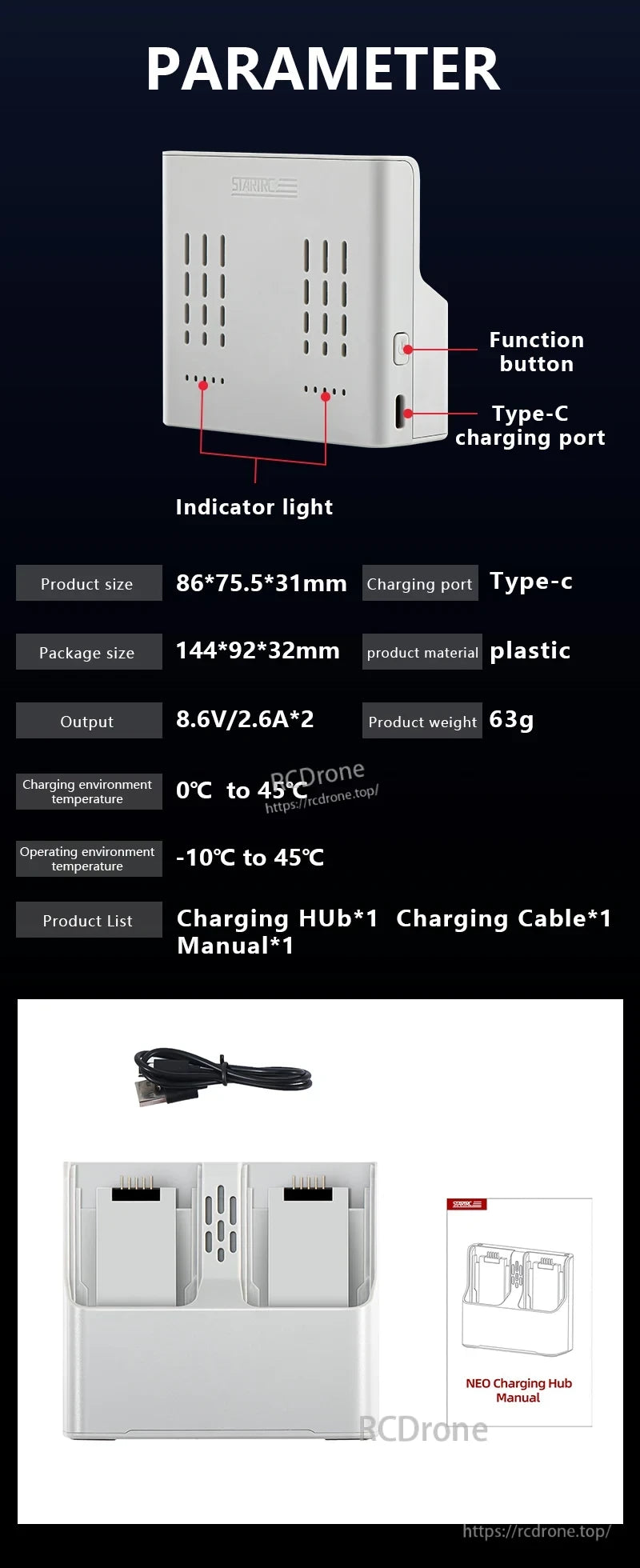 STARTRC StartRC Two-Ways Battery Charger, The StartRC Two-Way Battery Charger features a function button, Type-C charging port, and indicator light.