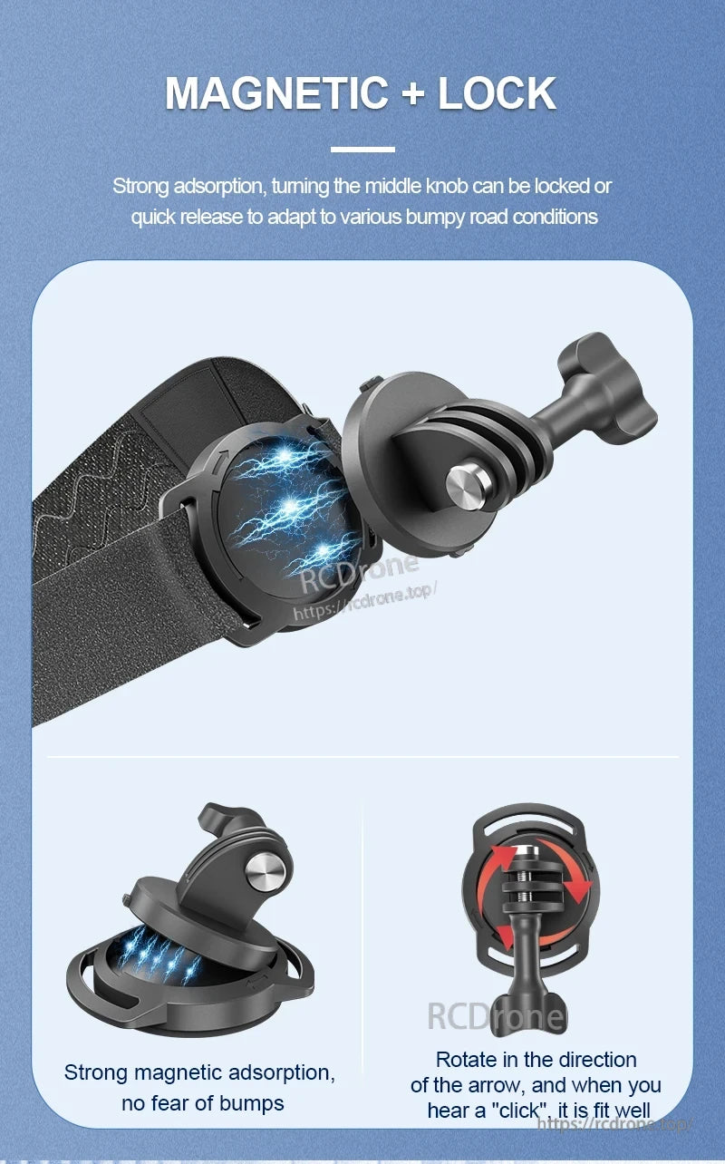 STARTRC Universal Magnetic Head Strap, Strong magnetic lock with secure knob prevents shaking on bumpy roads. Easy rotate-to-click design ensures stable, worry-free mounting.