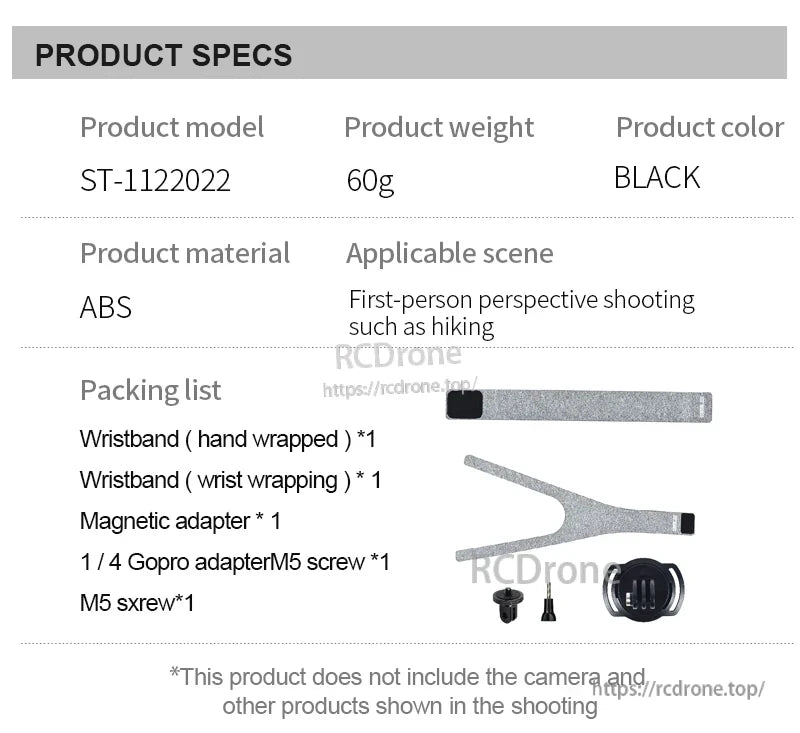 STARTRC Universal Magnetic Head Strap, STARTRC ST-1122022 magnetic head strap, 60g black ABS, for FPV hiking. Includes wristbands, adapters, screws. Camera sold separately.