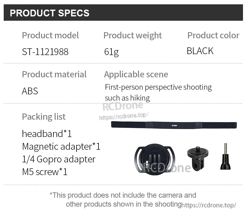 STARTRC Universal Magnetic Head Strap, STARTRC ST-1121988 magnetic head strap, 61g, black ABS, includes accessories for GoPro-style first-person hiking shots. Camera sold separately.