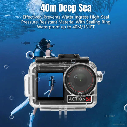 Waterproof case for action cameras, rated to 40m, features high-seal material and sealing ring for reliable, durable underwater protection. (24 words)