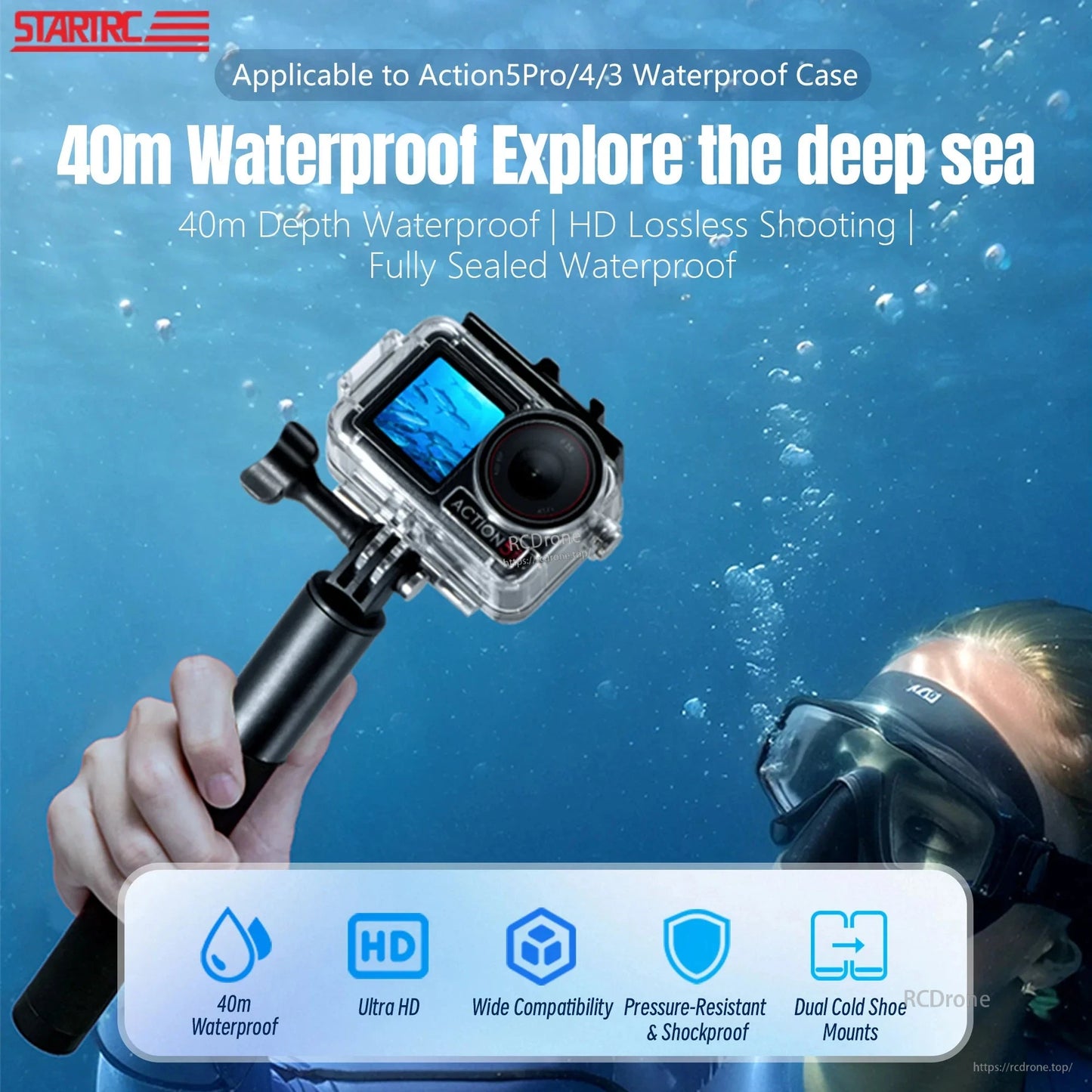 STARTRC waterproof dive case for DJI Osmo Action 5 Pro/4/3, rated to 40m, HD lossless, anti-fog, shockproof, with dual cold shoe mounts and wide compatibility.