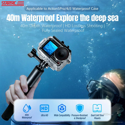 STARTRC waterproof dive case for DJI Osmo Action 5 Pro/4/3, rated to 40m, HD lossless, anti-fog, shockproof, with dual cold shoe mounts and wide compatibility.