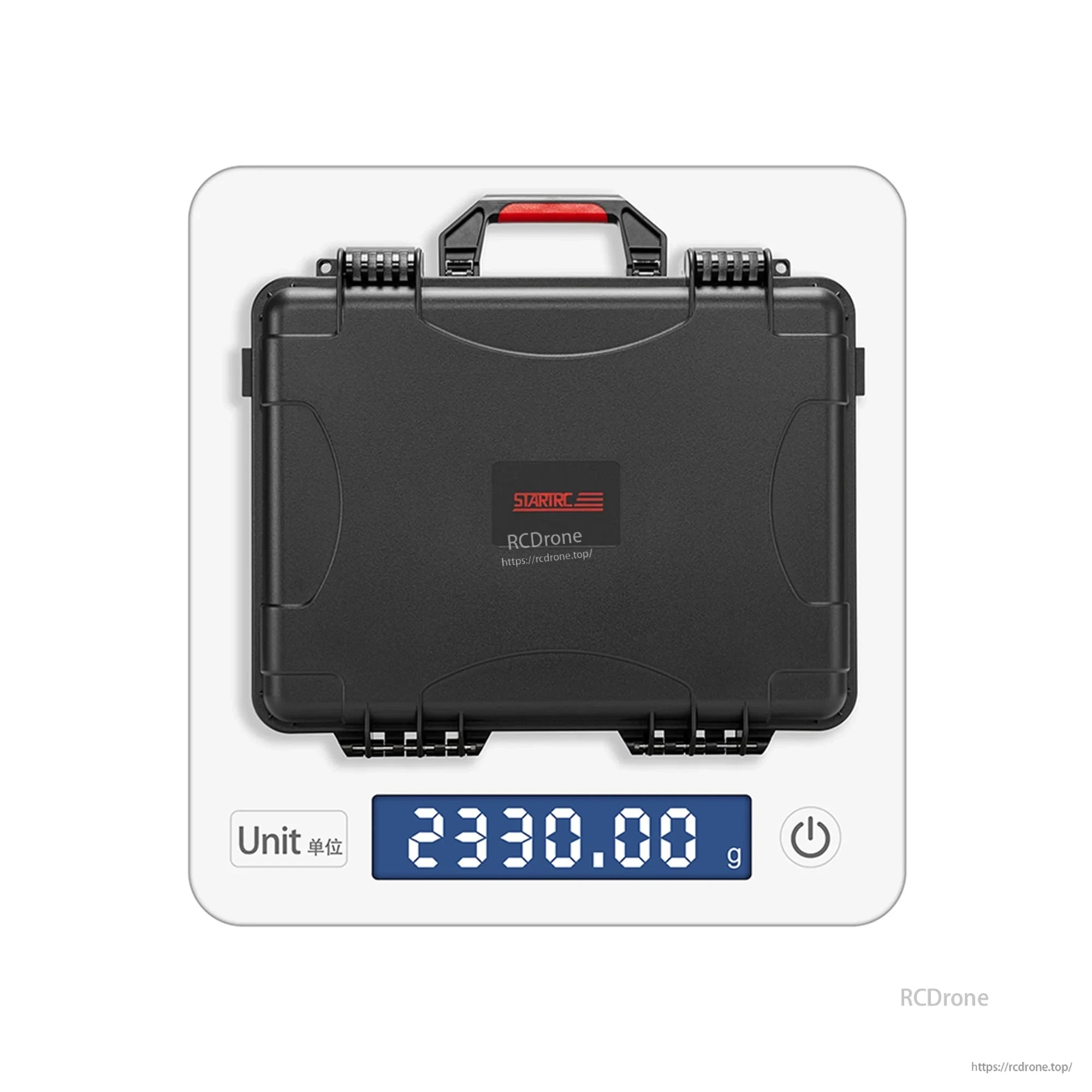 Closed STARTRC hard case displayed on a scale with a 2330 g net weight