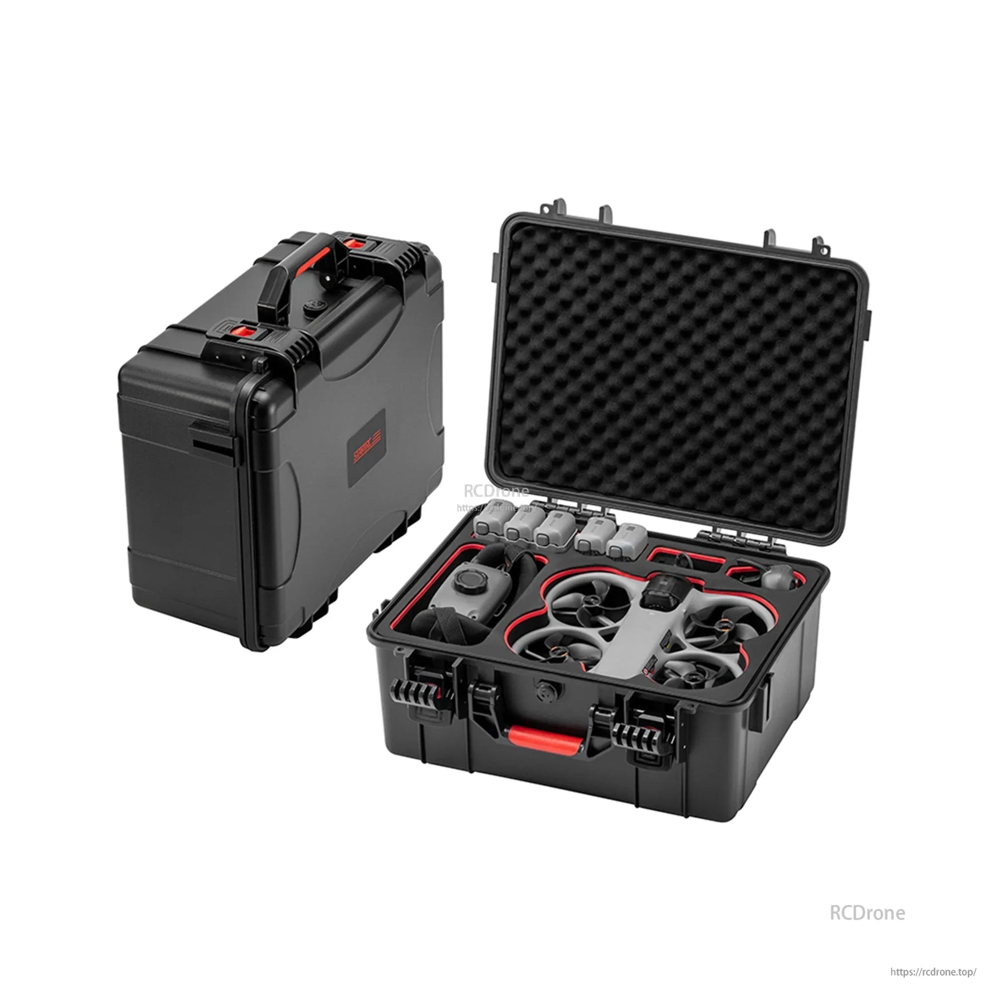 Open hard case with egg-crate lid foam and custom-cut compartments for drone flight gear