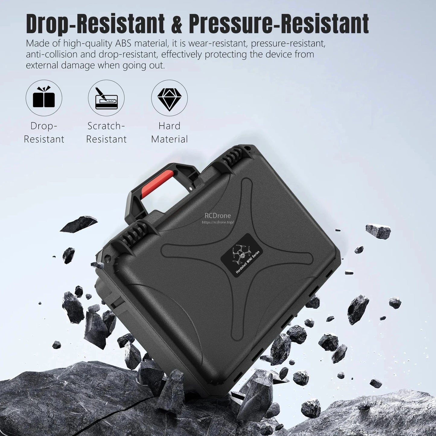 Durable ABS hard case, drop- and pressure-resistant, protects drones and accessories from impact, scratches, and damage during travel.