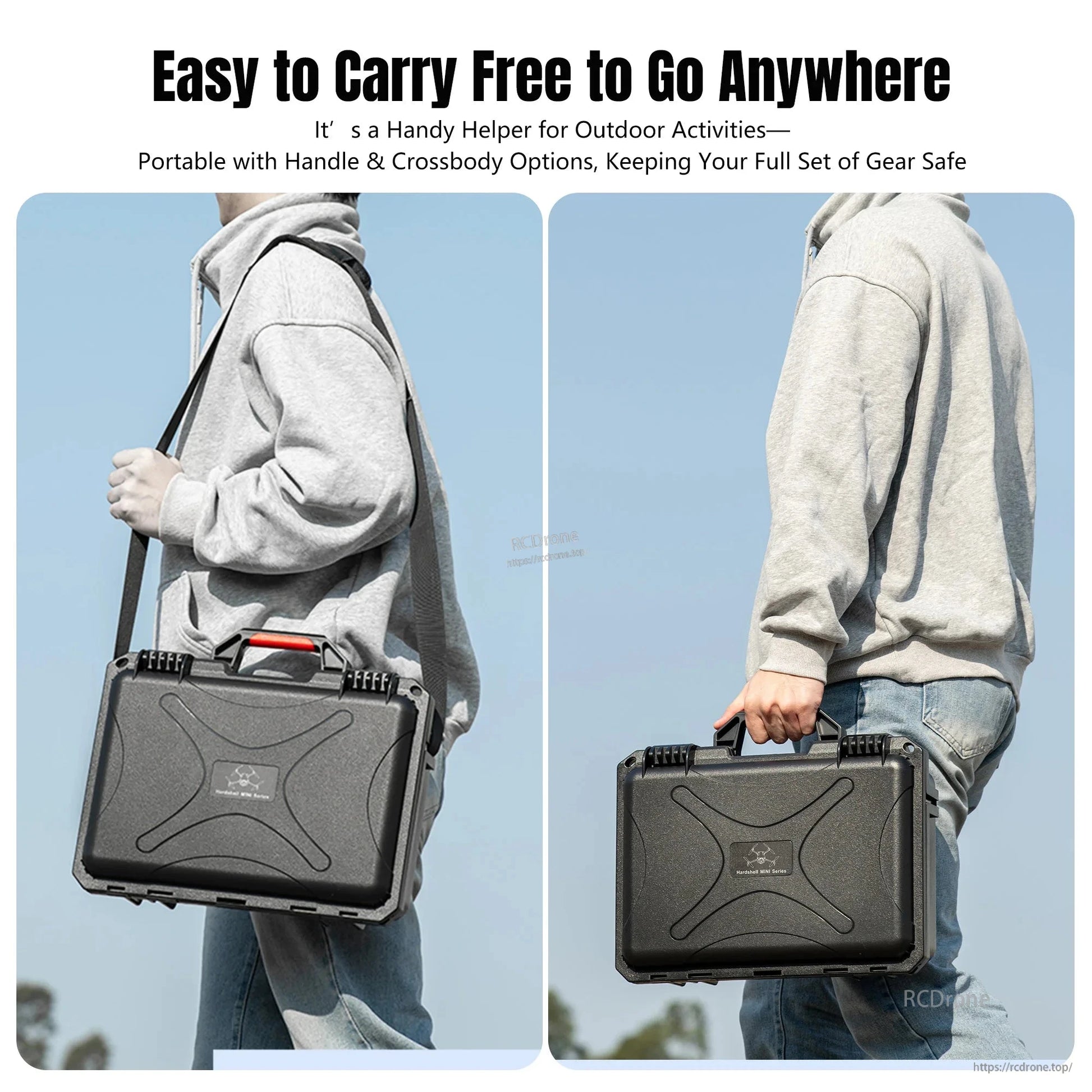 Waterproof IP67 case for DJI Mini 5 Pro with handle and strap. Stores drone, batteries, hub, and accessories. Compact, durable, and ideal for outdoor protection. (24 words)