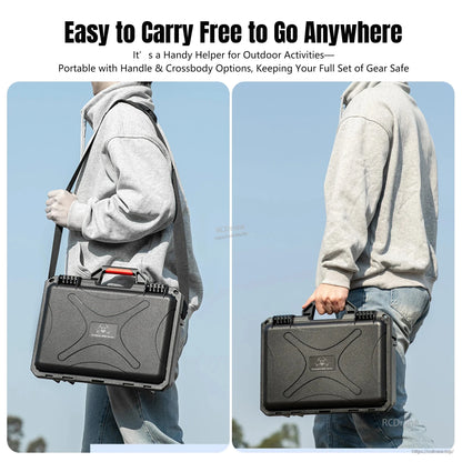 Waterproof IP67 case for DJI Mini 5 Pro with handle and strap. Stores drone, batteries, hub, and accessories. Compact, durable, and ideal for outdoor protection. (24 words)