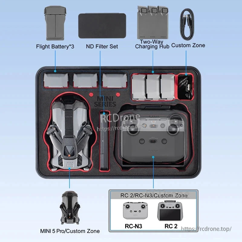 Waterproof case for DJI Mini 5 Pro with RC 2/RC-N3, 3 batteries, ND filters, charging hub, and custom storage zones.