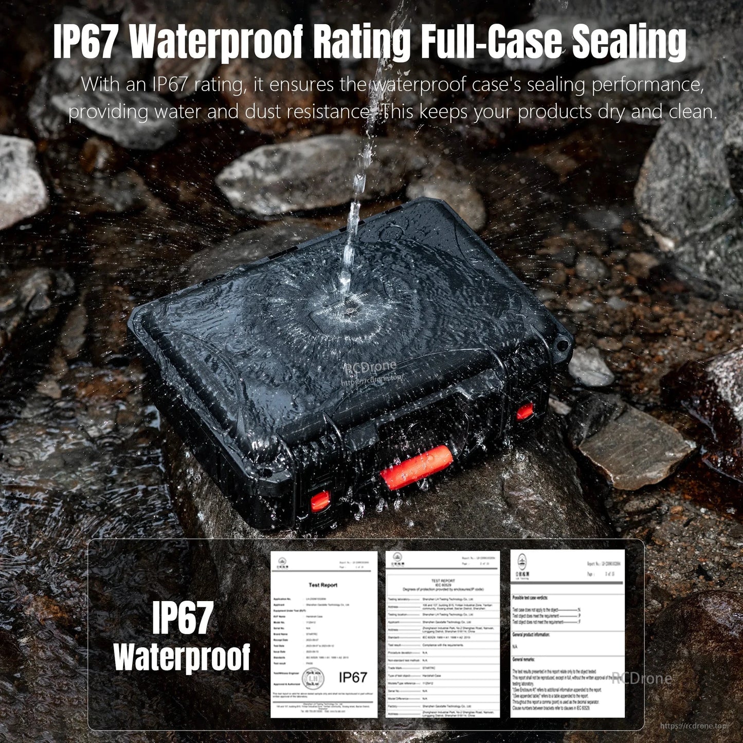 IP67-rated waterproof, dustproof case protects DJI Mini 5 Pro and accessories with durable shell, sealed design, and reliable performance in wet or dusty conditions.