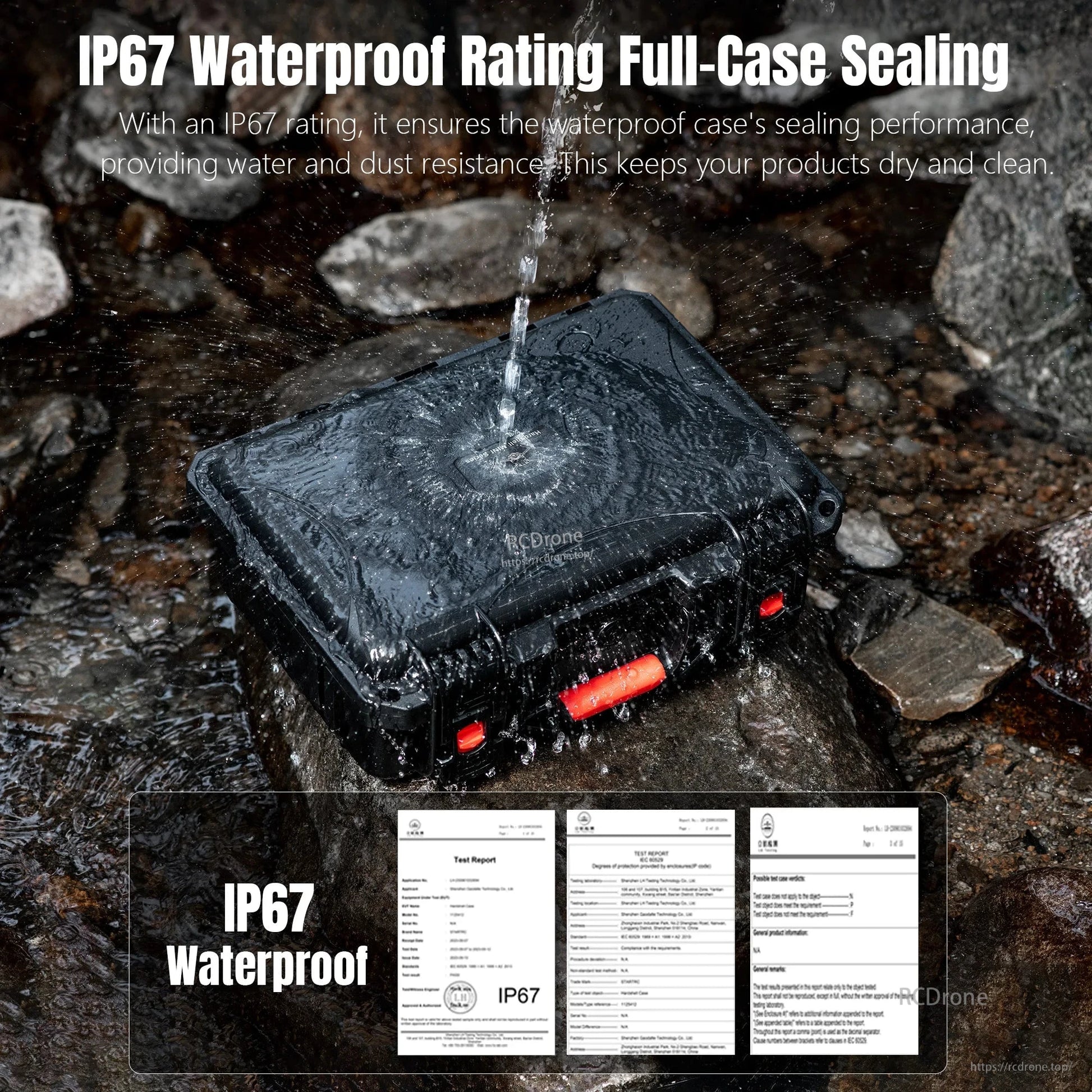 IP67-rated waterproof, dustproof case protects DJI Mini 5 Pro and accessories with durable shell, sealed design, and reliable performance in wet or dusty conditions.
