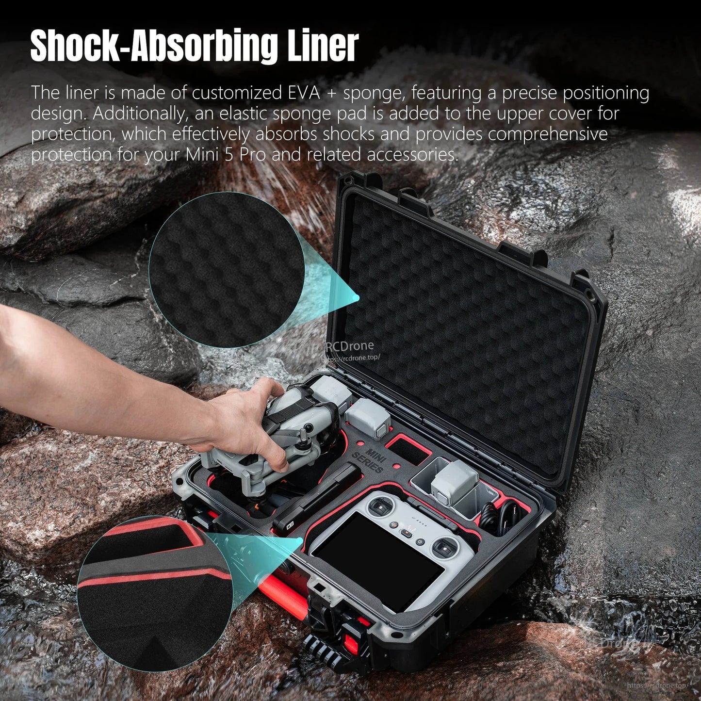 Custom EVA and sponge liner with elastic pad provides precise, shock-absorbing protection for Mini 5 Pro and accessories during transport.