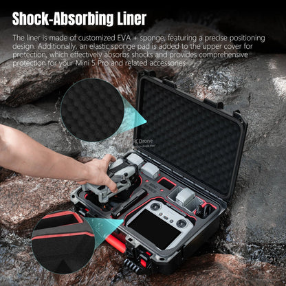 Custom EVA and sponge liner with elastic pad provides precise, shock-absorbing protection for Mini 5 Pro and accessories during transport.
