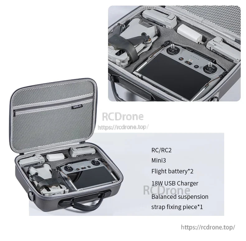 STARTRC Self-balancing Hanging Strap, STARTRC case includes RC/RC2, Mini3, two flight batteries, 18W USB charger, and one balanced suspension strap.