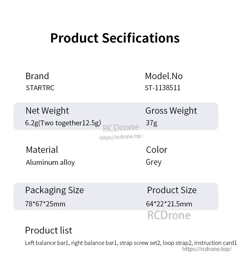 STARTRC Self-balancing Hanging Strap, Lightweight 6.2g aluminum self-balancing hanging strap in grey, includes balance bars, screws, straps, and instructions. Dimensions: 64×22×21.5mm.