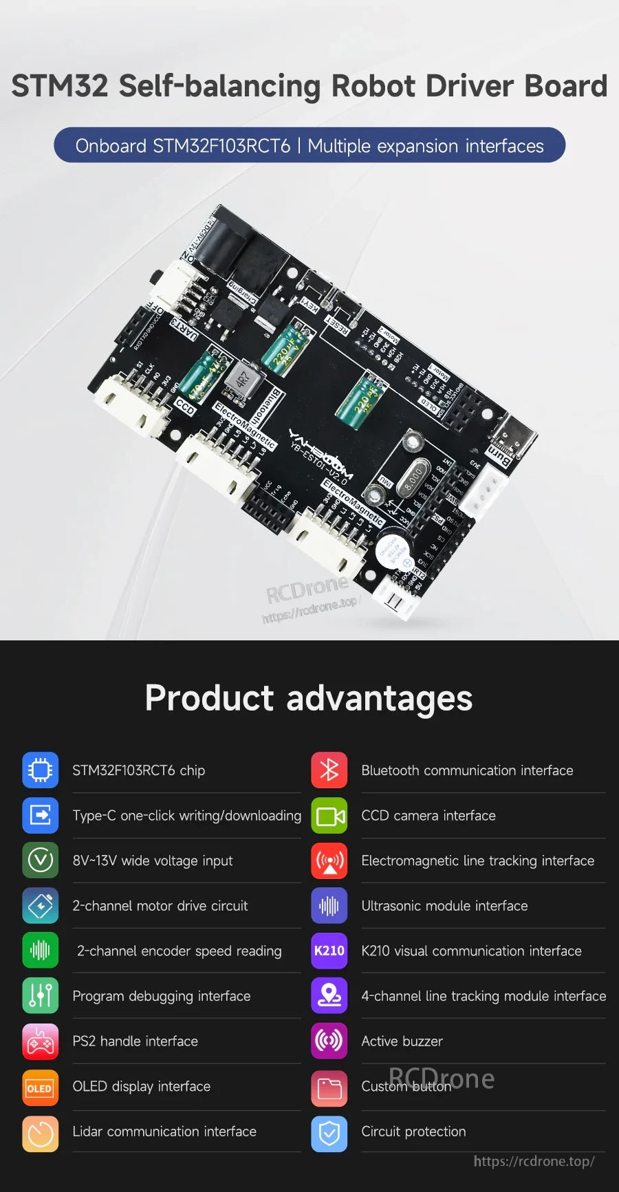 Yahboom YB-EST01-V2.0 STM32F103RCT6 self-balancing robot driver expansion board, top view