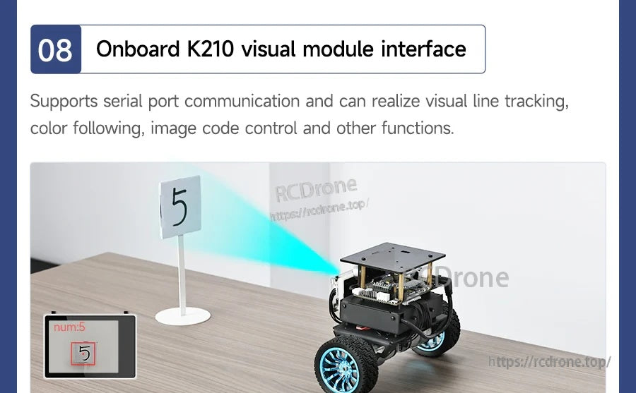 K210 visual module interface feature graphic showing robot performing visual recognition and visual line tracking tasks
