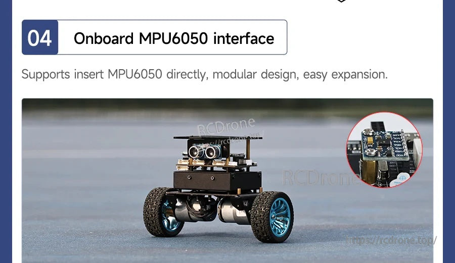 MPU6050 interface feature graphic with robot car and inset showing an MPU6050 IMU module connection area