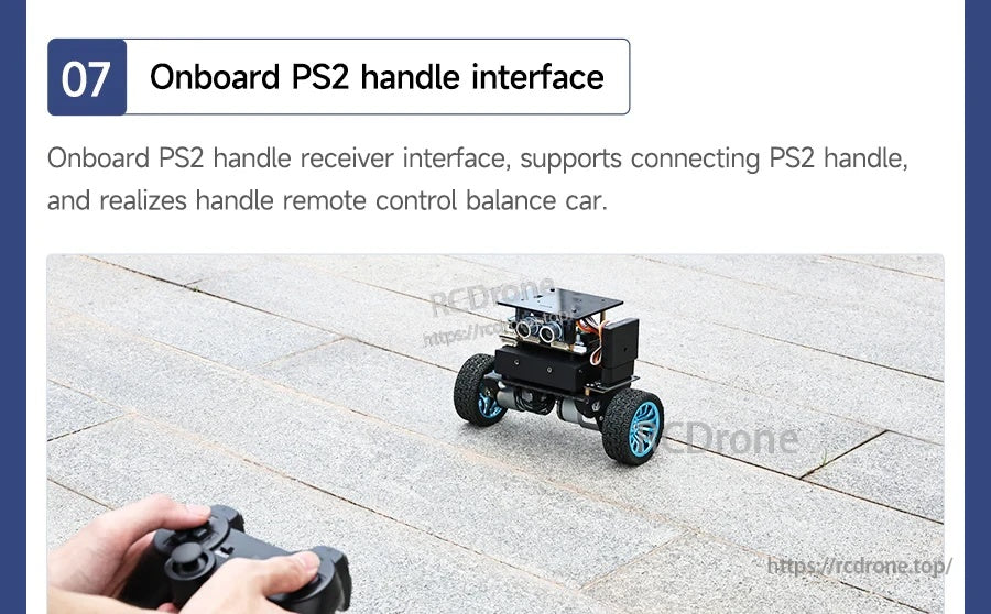 PS2 handle interface feature graphic with gamepad controlling a self-balancing robot car