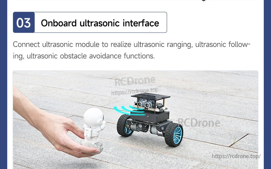 Ultrasonic interface feature graphic showing robot using ultrasonic sensing for ranging and obstacle avoidance