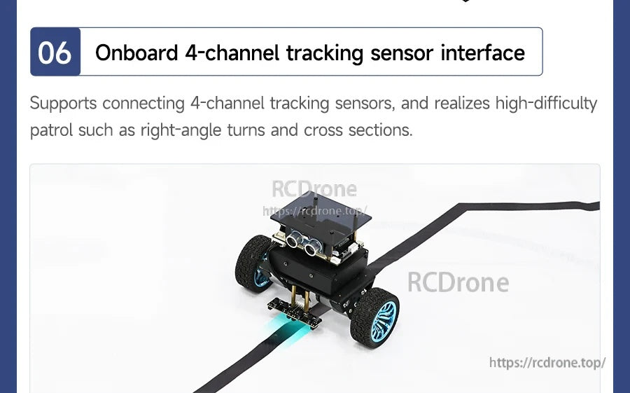 4-channel line tracking sensor interface feature graphic with robot following a black line path