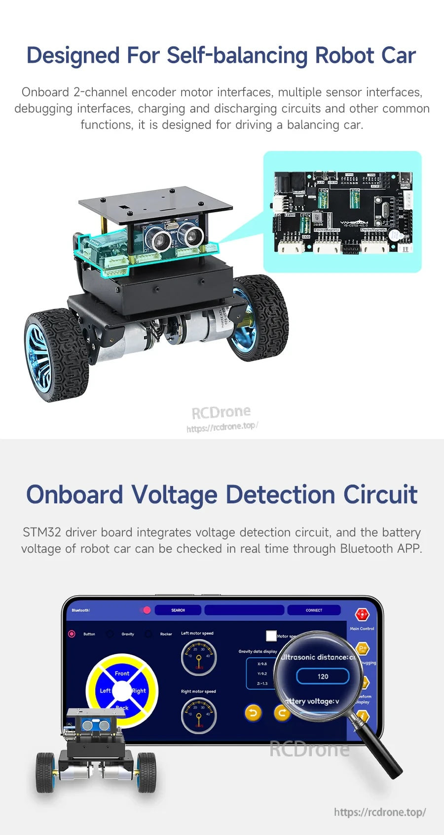 Self-balancing robot car example and board callout, plus Bluetooth app screen for onboard battery voltage detection