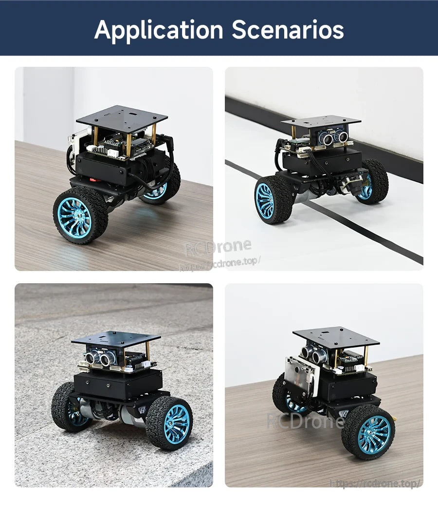 Self-balancing robot car platform with four wheels, top mounting plate, and front ultrasonic sensor module