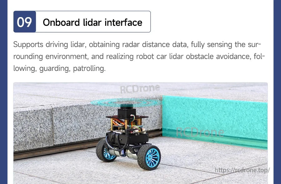 Lidar interface feature graphic showing robot car using lidar for distance sensing and obstacle avoidance