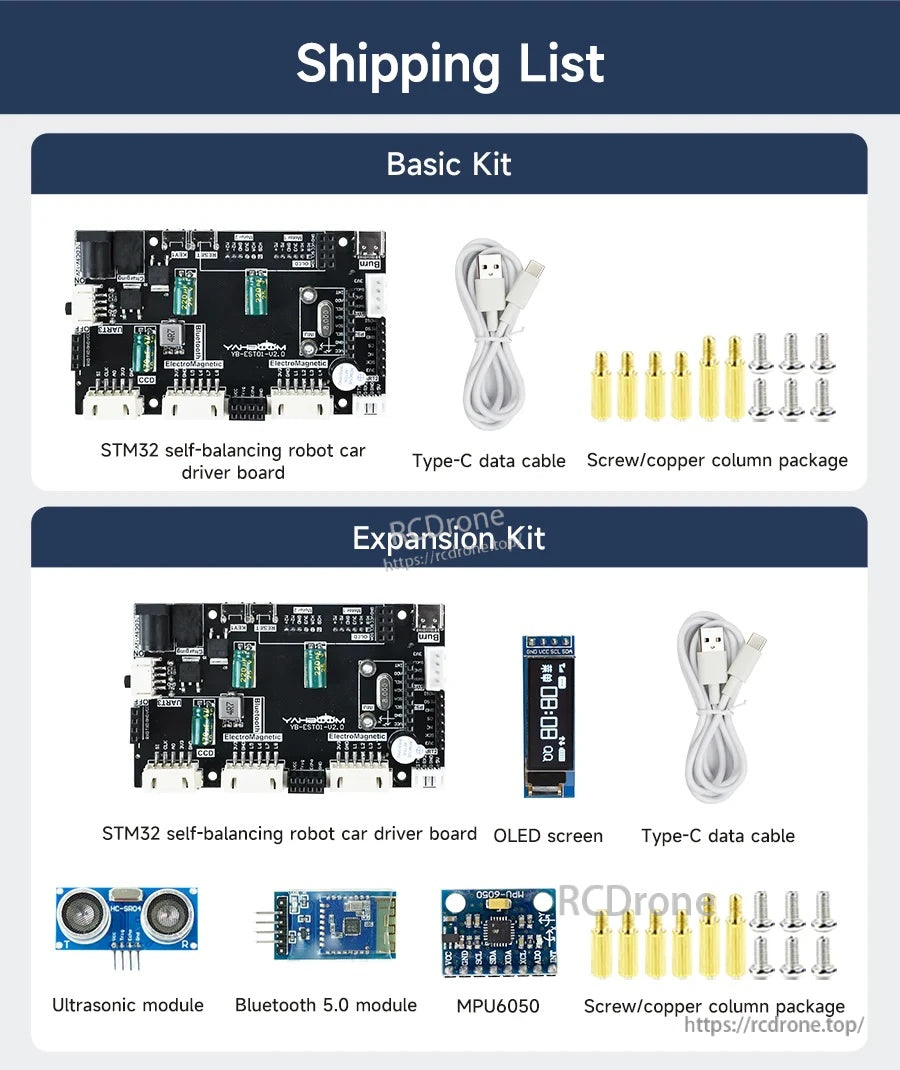 Shipping list for Yahboom STM32 self-balancing robot car driver board kit with Type‑C cable, screws, and optional modules