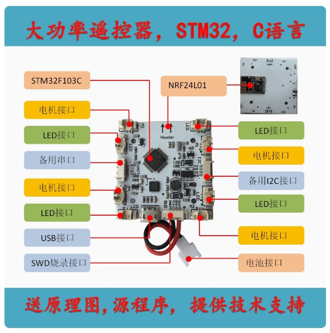 STM32 drone with Cis, STM32F103C, NRF24LO1, LED lights, and Herae LED lights, featuring USB connectivity and SWDEKA mode.