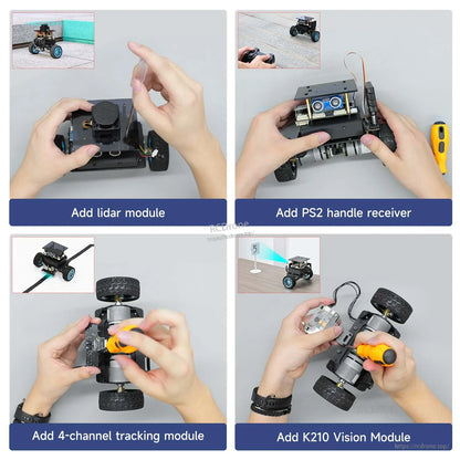 Step-by-step installation views adding lidar, PS2 receiver, 4-channel tracking module and K210 vision module