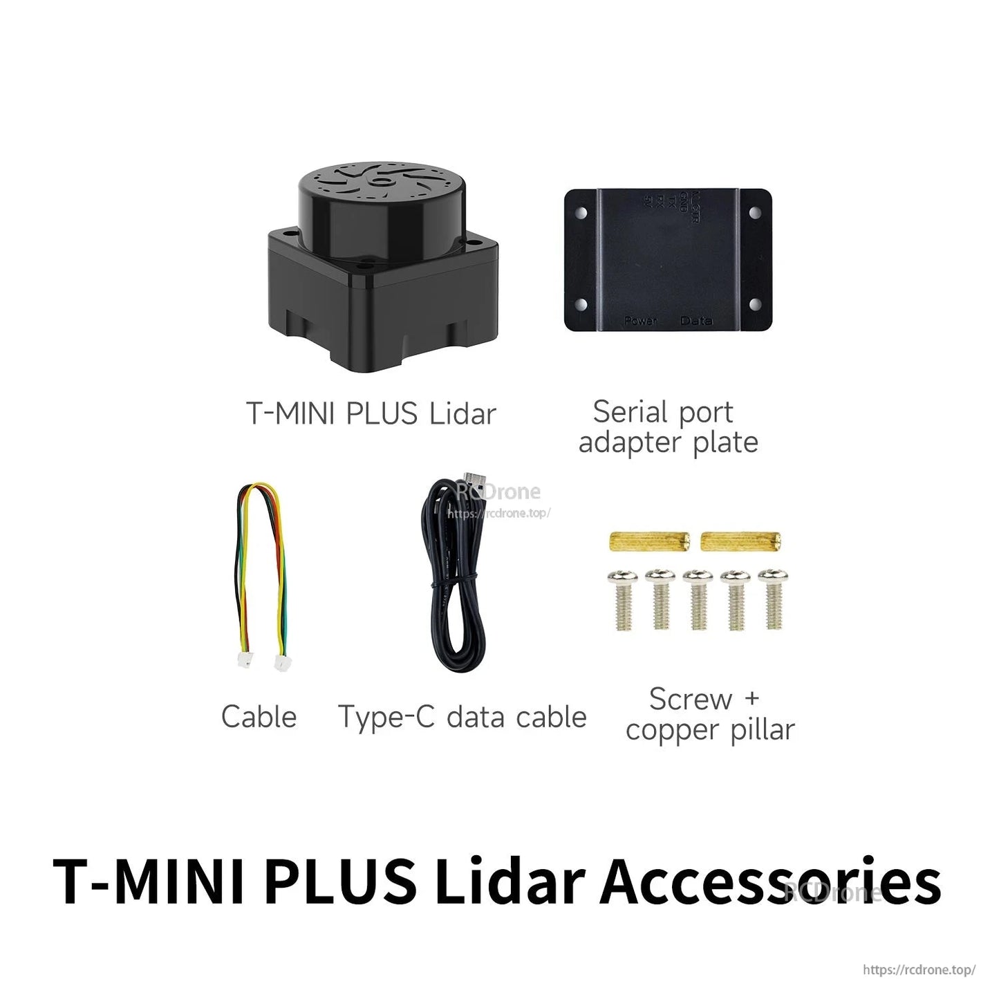 T-mini Plus lidar accessories kit: lidar unit, serial port adapter plate, cables, screws and copper pillars