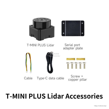 T-mini Plus lidar accessories kit: lidar unit, serial port adapter plate, cables, screws and copper pillars