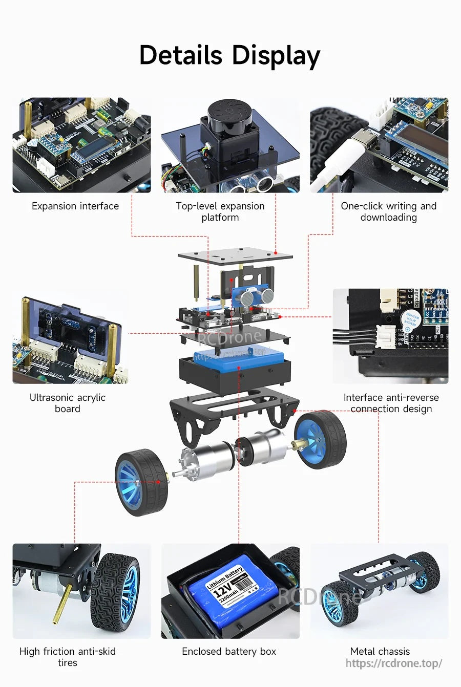 Exploded view of Yahboom STM32 self-balancing robot chassis with metal frame, wheels, motor, battery box and expansion boards