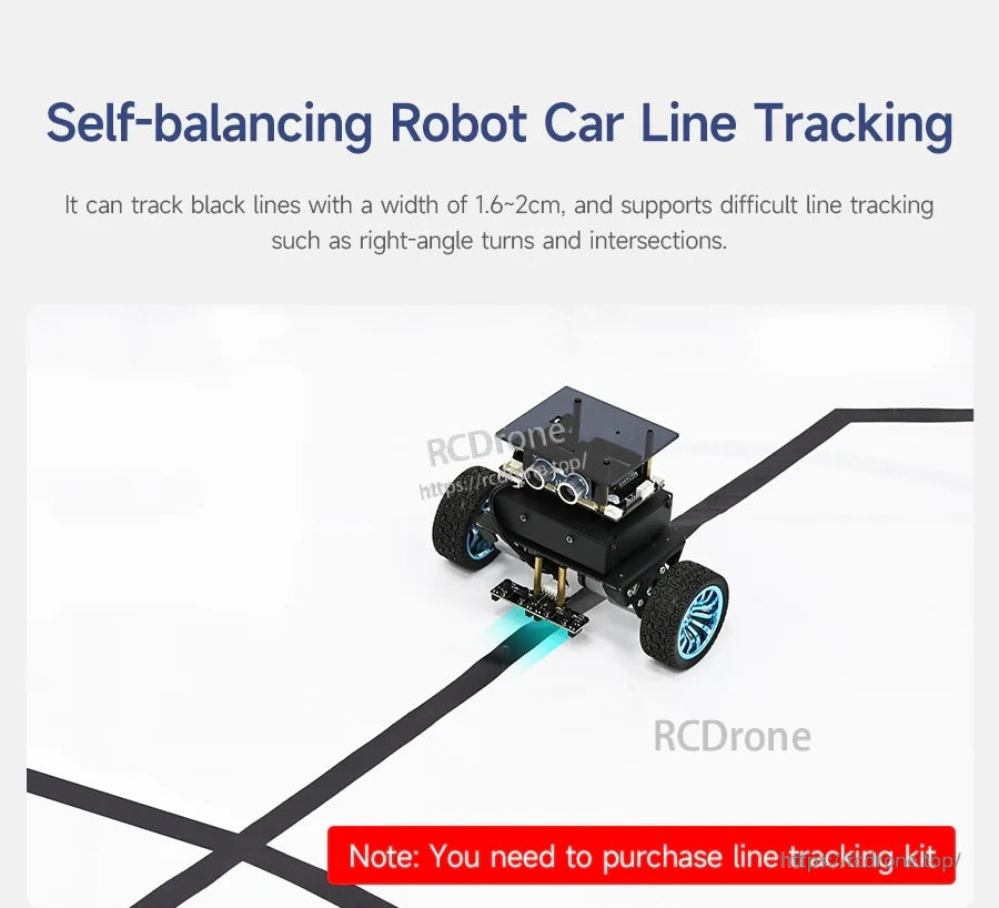 Self-balancing robot car line tracking demo following a black tape path; note says line tracking kit required