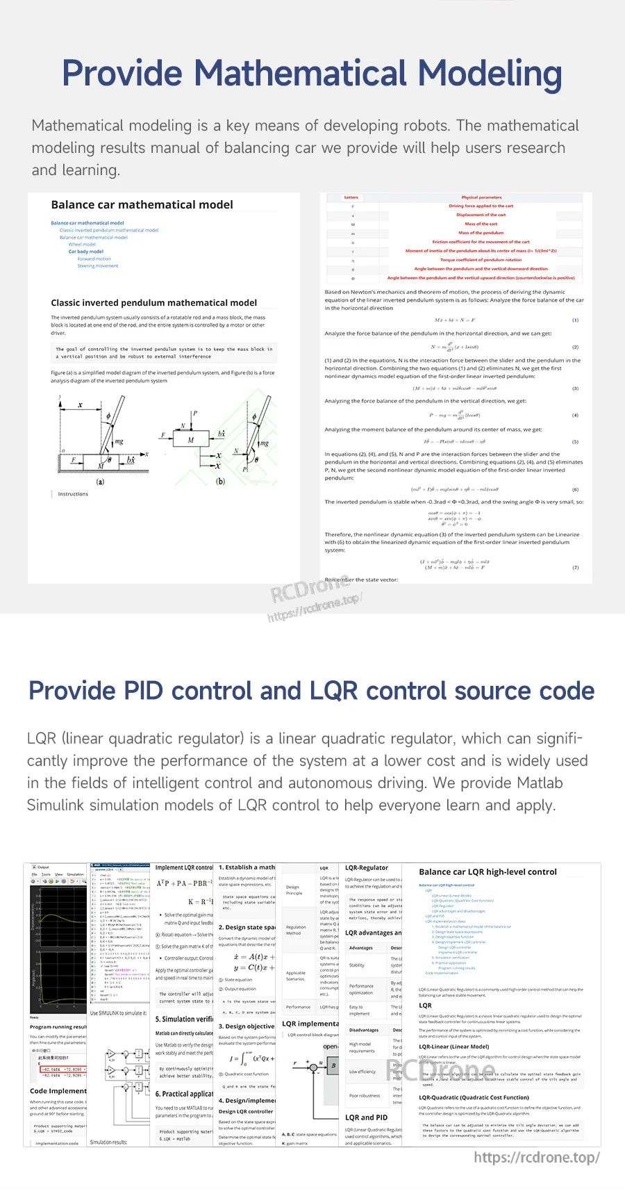 Documentation screenshot listing mathematical modeling plus PID and LQR control source code for a self-balancing robot