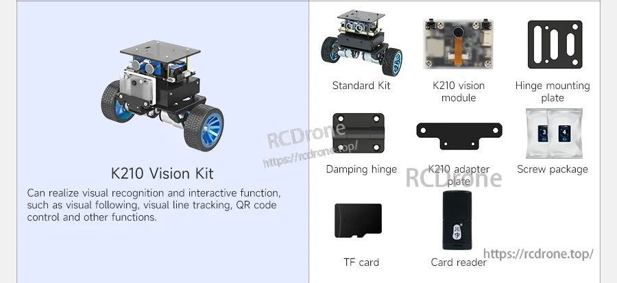 K210 vision kit parts including K210 module, TF card, card reader, hinge mount, and adapter plate
